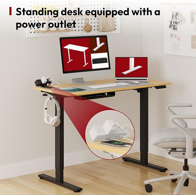 SANODESK Electric Standing Desk with Desk Clamp Power Strip 40"x 24" Whole-Piece Desktop Height Adjustable Stand Up Desk with Cable Management Sit Stand Home Office Desk Black Frame/Maple Top