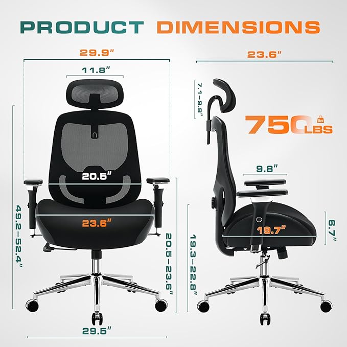 BOSMILLER TitanMax 750lbs Big and Tall Office Chair for Heavy People with Dual Lumbar Support, Oversize Ergonomic Desk Chair with 4D Armrests, Wide Thick Seat & 2D Headrest for 8-Hours Daliy Work