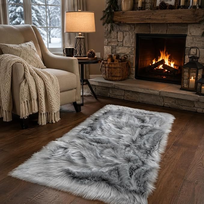 EasyJoy Faux Sheepskin Rug, Fluffy Faux Fur Rug, Ultra Soft Shag Area Rug with Non-Slip Backing for Bedroom, Living Room, Nursery, Kids Room(2 x 4 ft Rectangle, Frosted Bottom Gray)