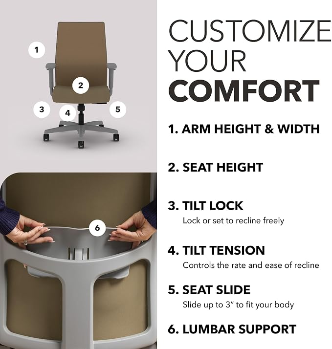 HON Ignition 2.0 Mid‑Back Ergonomic Office Chair, Mesh Task Desk Chair with Lumbar Support, Standard Synchro‑Tilt, Height and Width Adjustable Arms, Titanium Frame, Quicksand