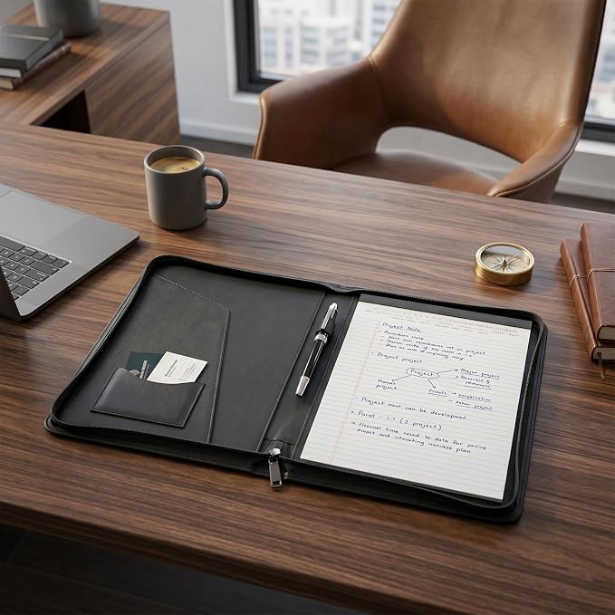 OOWOLF Padfolio Portfolio Folder, PU Leather Professional with 8.5 x 11 Letter Size Writing Pad Interview Resume Document Organizer Business Card Holder Zippered Closure