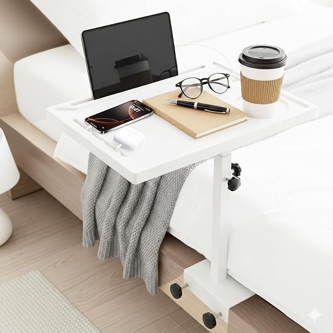Bedside Shelf Rotating Foldable Tray:Height-Adjustable Clip On Bed Side Tray Table, Tray Table with Sturdy Metal Pole,Fits Bed Frames 0.7"-2.7" Wide for Dorms, Apartments, Bedrooms,Dorm Essentials