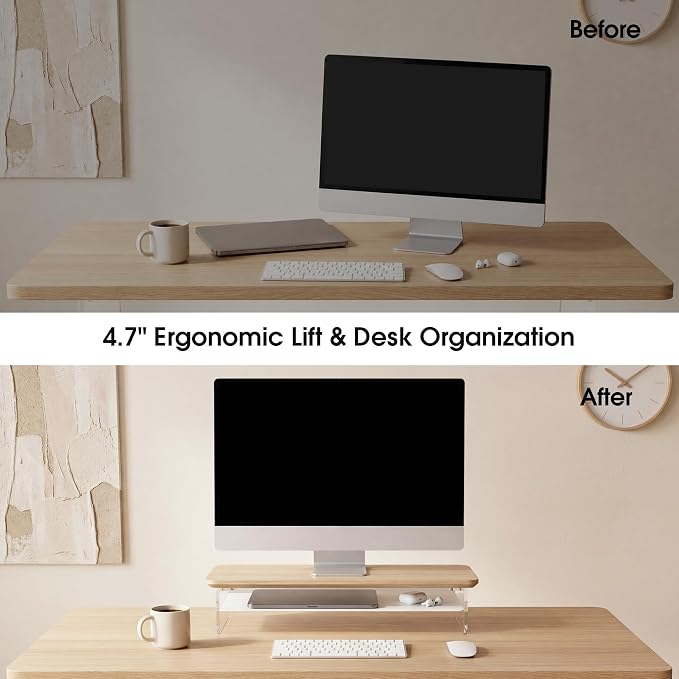 Fenge 23.6" Monitor Stand with Clear Acrylic Legs, Oak | Clear Acrylic, Storage Compartment, 2-tier Home Office Monitor Riser, Wide Large Desktop Shelf Fit Monitor/Laptop/Printer