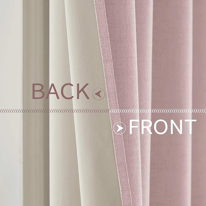 MIULEE Linen Texture Curtains for Bedroom Solid 100% Blackout Thermal Insulated Pink Curtains Grommet Room Darkening Drapes for Living Room 52x54 Inch (2 Panels)