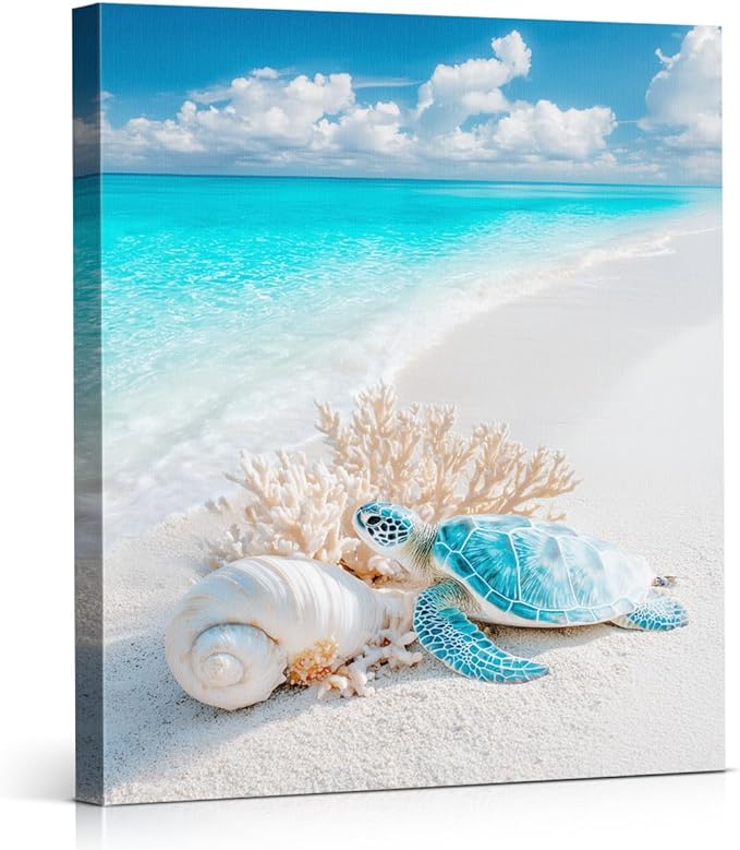 Coastal Beach Wall Art, Ocean Sea Turtle Seashell Coral Wall Decor, Turquoise Water Sand Seascape Painting, Beach Coastal Print for Bathroom Bedroom Living Room 8x10 Canvas Framed