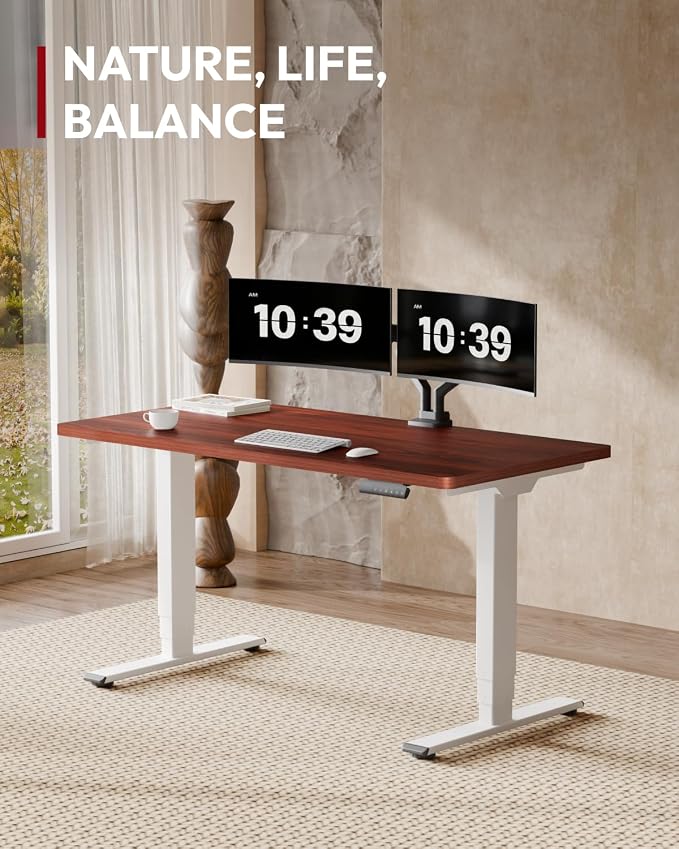 SANODESK Dual Motor Standing Desk 220lbs Height Adjustable Desk | 55"x28" Spacious One-Piece Mahogany Desktop & White Frame, 4 Memory Presets, 3-Stage Legs, 220lbs, 2-Box for Home & Office