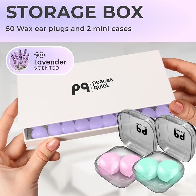 Peace&Quiet PQ Wax Ear Plugs for Sleeping, Swimming - 50 Soft Noise Cancelling Silicone Gel Wax Earplugs for Sleep and Swimmers, Ear Protection with Sound Blocking Level of 32 Db, Lavender