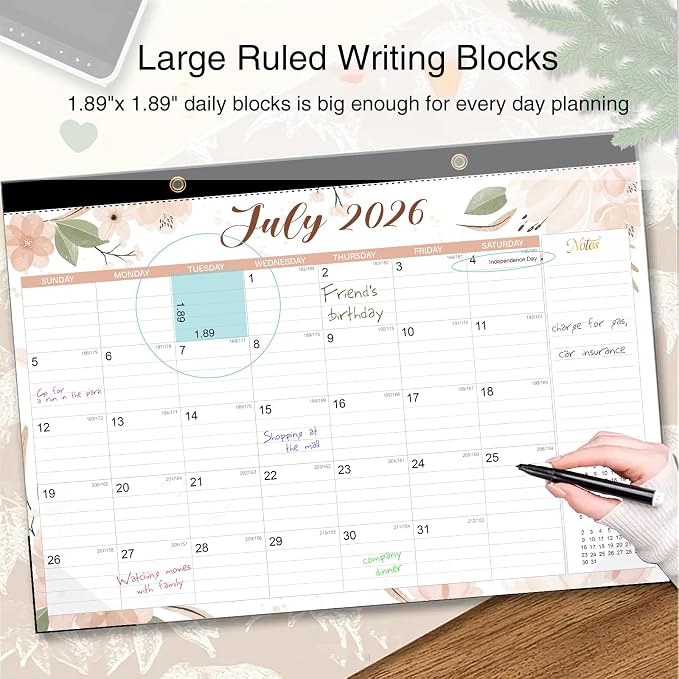 2026-2027 Desk Calendar - 18 Month Desk Calendar 2026-2027, Jul 2026 - Dec 2027, 17" x 12", Large Monthly Desktop Calendar with Daily Blocks, Thick Paper, Corner Protectors - Floral (2 Stickers Included)