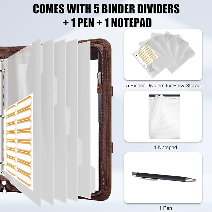 Portfolio Binder - 3 Ring Binder with Magnetic Handle, Vegan Leather Business Padfolio Folder with Notepad, Includes 5 Dividers with 10 Pockets for Documents Files