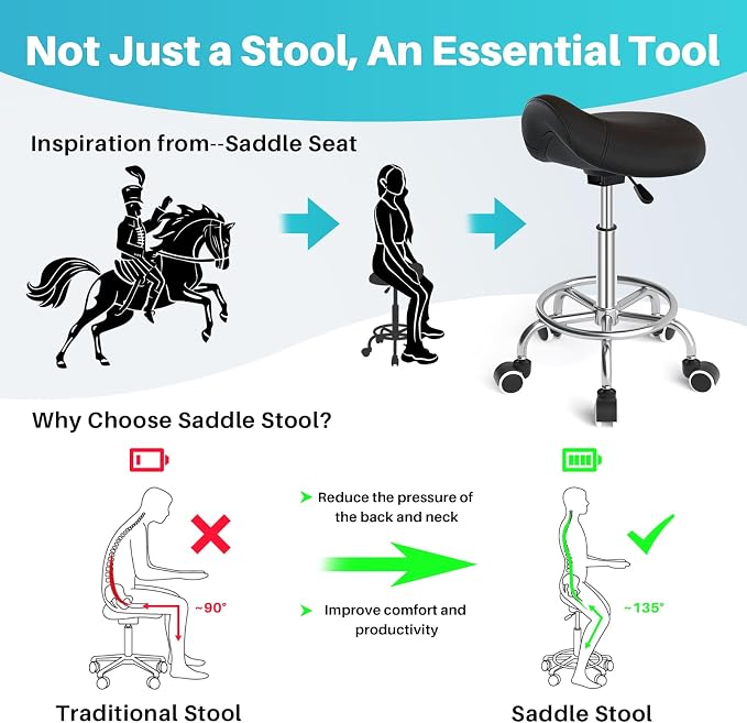 YEEZEE Saddle Stool Ergonomic, Saddle Chair with Wheels, Dark Black | Comfortable Wide Thick Saddle Seat Padding, 360°Swivel, Adjustable Height, Ring Pedal Design, for Medical Massage Salon Spa