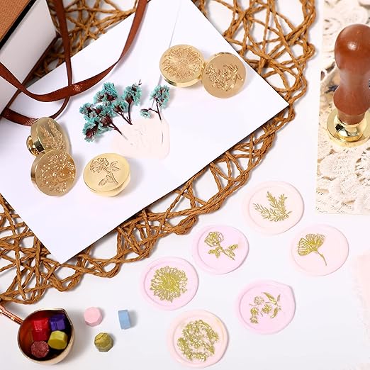 Chrisfall 6 Pcs Wflower Wax Seal Stamp Set with Removable Wooden Handle Floral Stamps Botanical Sealing Stamper Kit for Wedding Party Invitation, Gift Packaging, Envelope, Cards(Fresh Style)