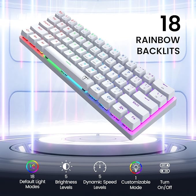 Portable 60% Mechanical Gaming Keyboard, Wired Ergonomic Keyboard with Red Switches,18 LED BacklitKeyboard,61 Keys Ultra-Compact Mini OfficeKeyboard for PC/Mac/Xbox,Easy to Carry On Trip-White