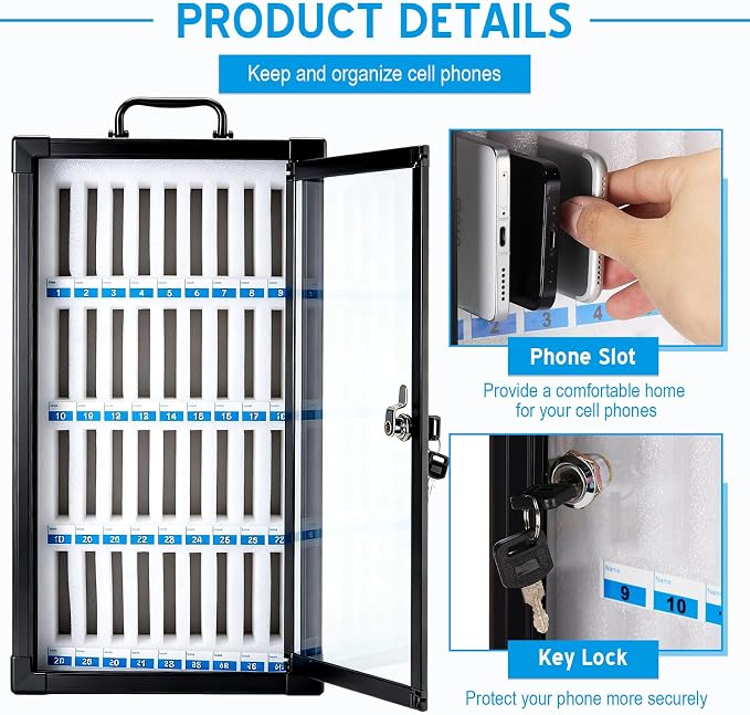 Amylove 36 Slots Cell Phone Locker Cabinet Aluminum Alloy Locker Pocket Chart Storage Box Cabinet Wall-Mounted Cell Phones Storage Box with Handle for Office Classroom Gym(Graphite Gray)