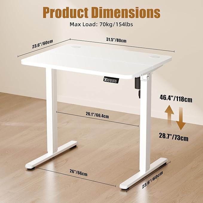 Small Standing Desk, 32"x24" Height Adjustable Sit-Stand Home Office, White | Electric Adjustable Standing Desk, Sit to Stand Computer Office Desk with Splice Board, Memory Preset, Lifts 28.7''-46.5"