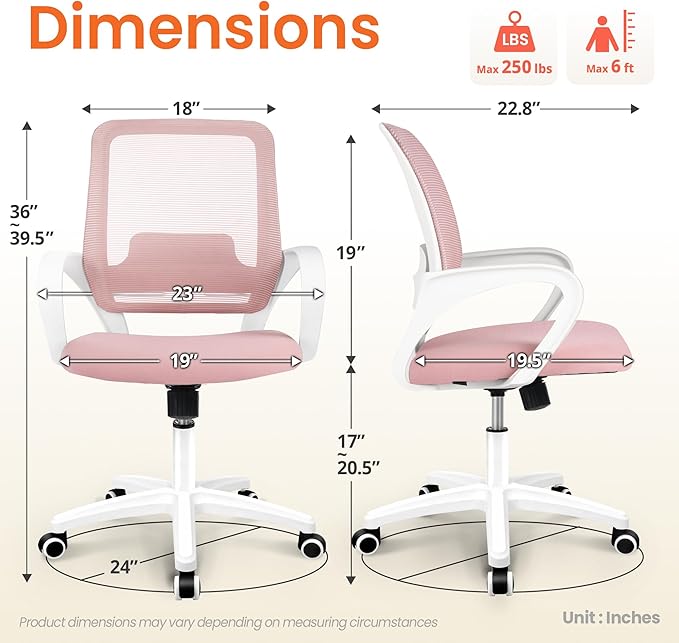 NEO CHAIR Office Desk Ergonomic Computer Mesh Chair with Lumbar Mid Back Support Adjustable Height Swivel Rolling Wheels Comfy Task Vanity Chair for Home Bedroom Study (Pastel Pink)