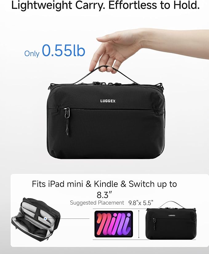 LUGGEX Large Tech Pouch, Cable Organizer Bag with Removable Crossbody Strap, Dual Accessories Bag & Water Resistant for Kindle, Chargers, Cord, Earphone for Travel Office All-in-One, Black CBX01