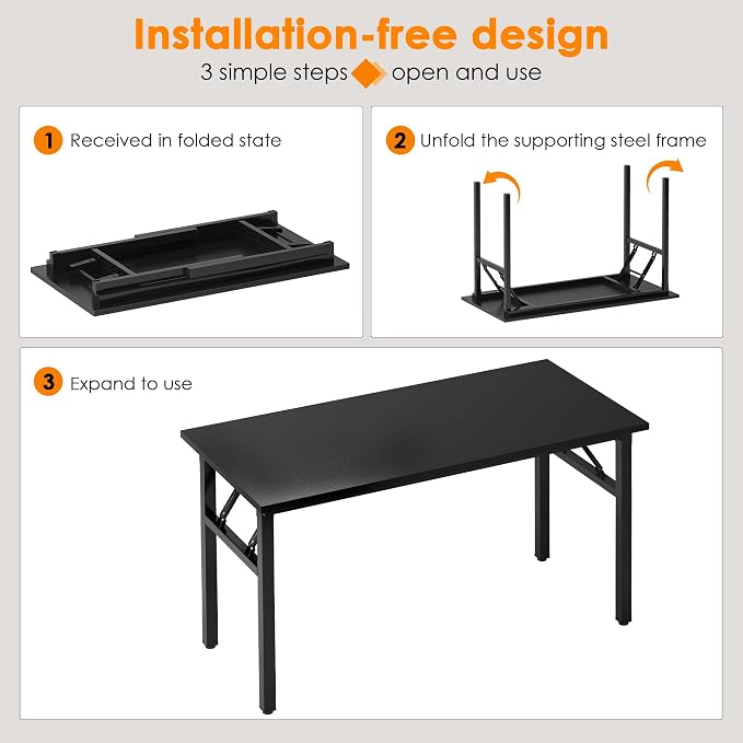 SogesHome 62 Inches Foldable Desk for Home Office, Large Compact Computer Table with Adjustable Leg Pads, No Assembly Needed Folding Writing Conference Desk Gaming Table for Small Spaces, Black