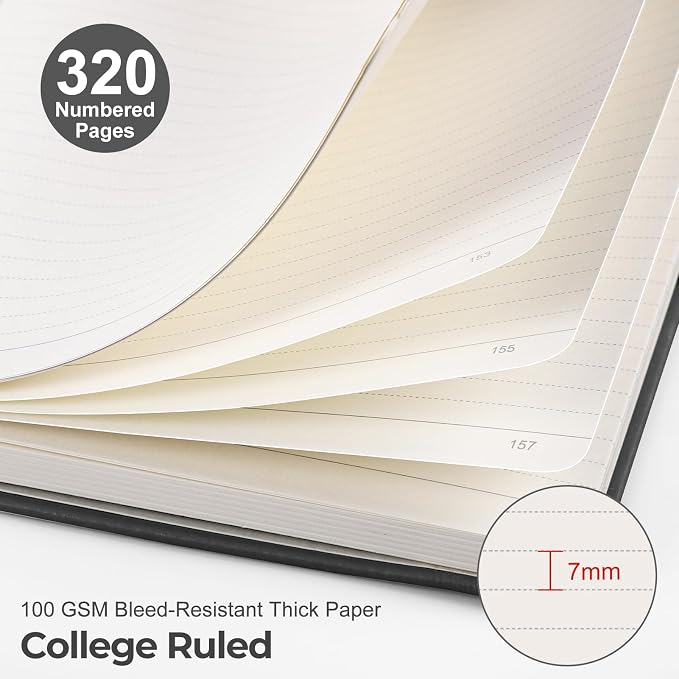 EMSHOI A5 College Ruled Notebook, 320 Numbered Pages 100GSM Ink-Proof Faux Leather Hardcover Lay-Flat Lined Journal for Work Office School Writing, SUN Design, Small 5.75" x 8.38", Black