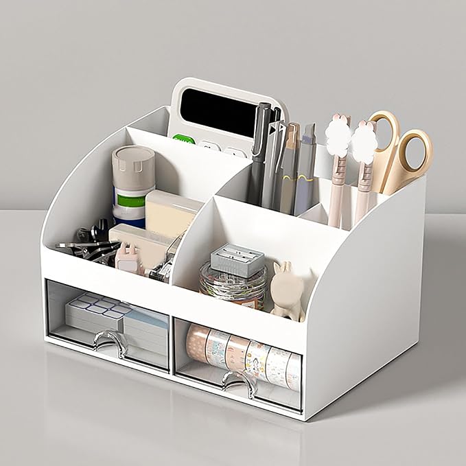 POCREATION Office Desk Organizer Desktop Storage Box Multifunctional Drawers with Transparent Design for Stationery Calculator Sticky Notes (White)