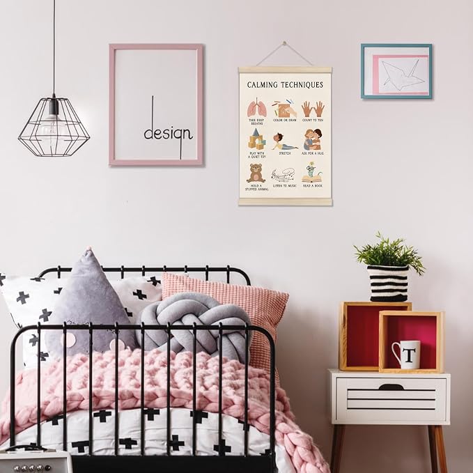 DOI-LANEE Mental Health Posters Hanger Frame, Educational Boho Classroom Poster 16x12 Inch, Calming Corner Wall Art, Therapy Office Decor, Homeschool Decoration, Calming Techniques Hanging Frame