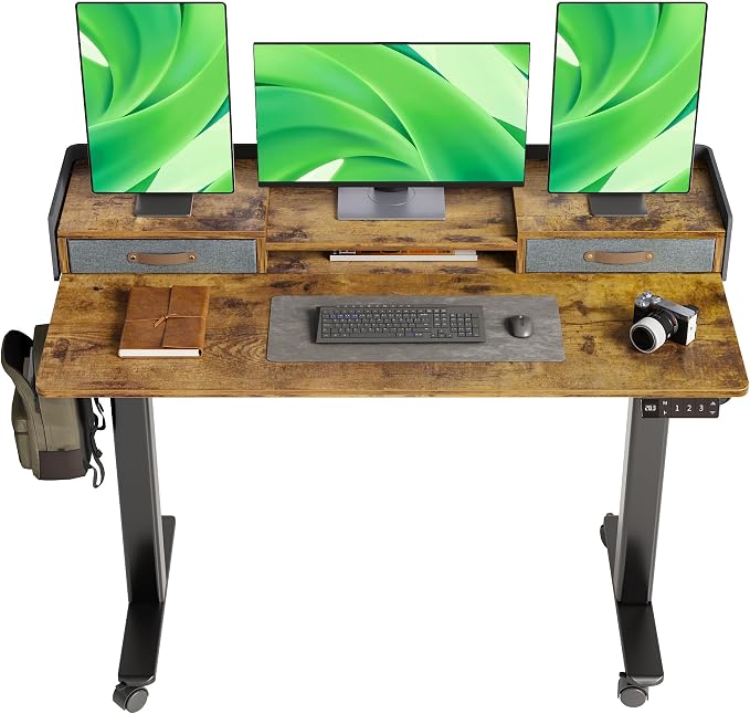 Claiks Standing Desk with Drawers & Wheels, 2 Height Shelf 55" Rustic Brown | 2 height adjust shelf, tabletop drawers, felt fence design, sturdy supports 176 lbs, 4 wheels, 2 tire monitor stand