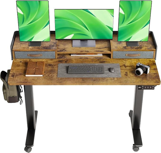 Claiks Standing Desk with Drawers & Wheels, 2 Height Shelf 55" Rustic Brown | 2 height adjust shelf, tabletop drawers, felt fence design, sturdy supports 176 lbs, 4 wheels, 2 tire monitor stand