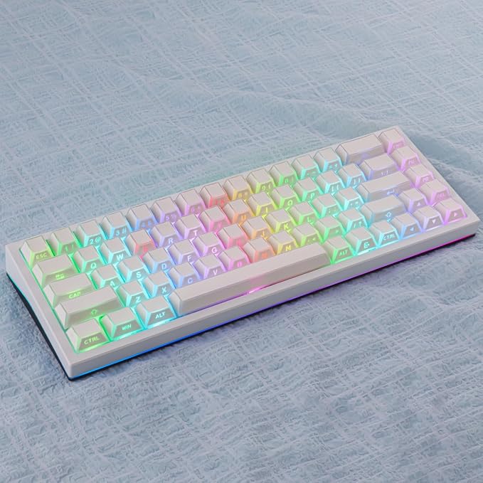 Hyekit White PBT Shine Through Keycaps, Cherry Profile Side Print RGB Backlit Keycaps for Mechanical Keyboards, 136 Keys Full Set with Shine Through Edges, Gaming Office Typing Custom Keycaps