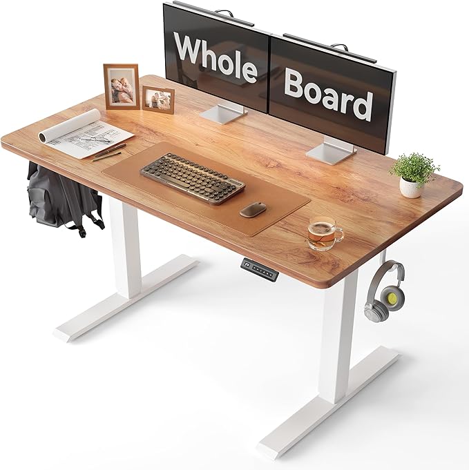 CubiCubi 48 x 24 Large One-Piece Standing Desk, Adjustable Height Electric Computer Home Office Sit Stand up Workstation, with 4 Memory Presets, Headphone Hook, Light Rustic