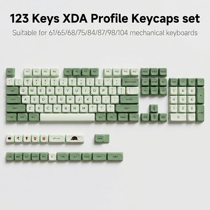 123 Keys PBT Dye Sublimation Keycaps, Matcha Green Cute Plant Theme Keycap Set, XDA Profile Custom Keycaps for Mechanical Keyboard 60% 65% 75% 100% Cherry MX Switches