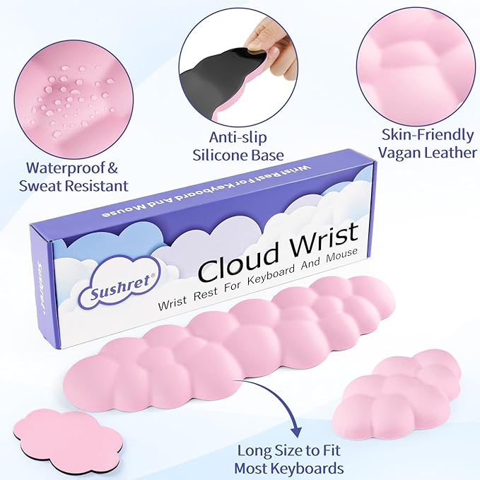 Sushret Cloud Wrist Rest Keyboard, Cloud Keyboard Wrist Pad Set with PU Leather Memory Foam, Cute Arm Rest for Palm Support, PC/Gaming Desk Accessories/Office Setup/Computer Hand Cushion - Pink