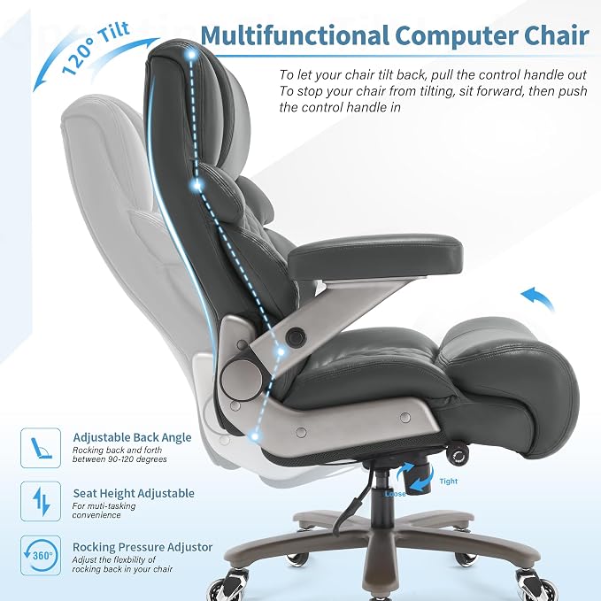 VUZI 700lbs Big and Tall Office Chair, Large Executive Leather Desk Chair | Adjustable Lumbar Support for Back Pain, Plus Size Wheels, 3D Flip Arms, Heavy Duty Metal Base, Wide Seat Computer Chair