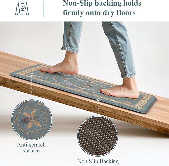 KIMODE Kitchen Mats Cushioned Anti Fatigue Kitchen Mats for Floor 2 Piece | 17 x29+17"x47", Blue,Vintage Butterfly,Non Slip Waterproof,Memory Foam,Standing Mats,for Laundry Sink Office Home Decor