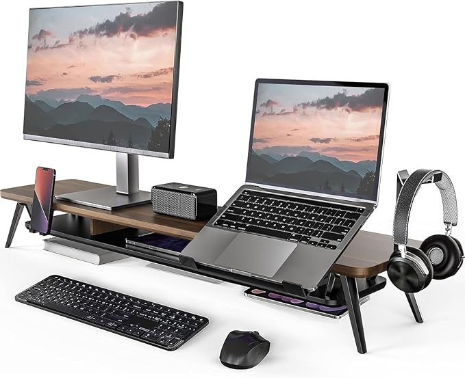 Fenge 42.5-Inch Monitor Stand Riser with Laptop, Phone & Headphone Holders | 10° Adjustable Laptop Holder, 2-Tier Storage, Dual Monitor or Monitor-Laptop Setup, Ideal for Multitasking, Gaming, Streaming