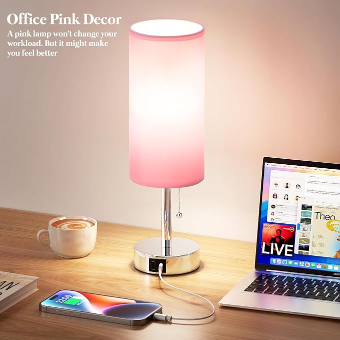 Dicoool Small Bedside Table Lamp for Bedroom, Pink Nightstand Lamp for Girls Kids, 3 Color Temperatures & USB Charging Port, Cute Desk Lamp for Teens Room Decor, Dorm Room Essentials