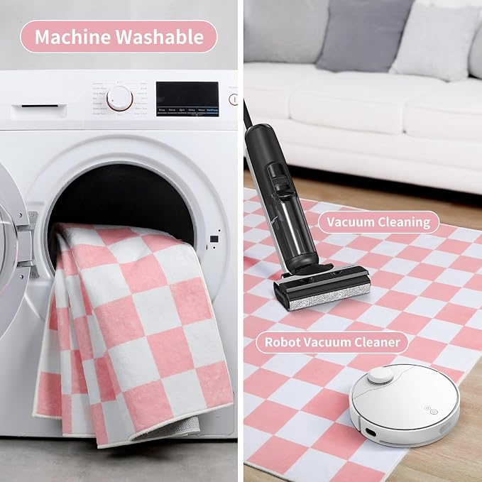 Terrug Pink and White Checkered Rug for Bedroom,3x5 Area Rugs Washable with Non Slip for Living Room,Soft Low Pile Stain Resistance Retro Carpet for Dorm Kids Room