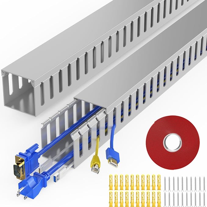 Open Slot Wiring Raceway Cable Duct,Cable Management Cord Track | 123" open slot cable raceway,Grey 1.97x1.97", 2 pcs desk wire channel to hide computer cables and cords