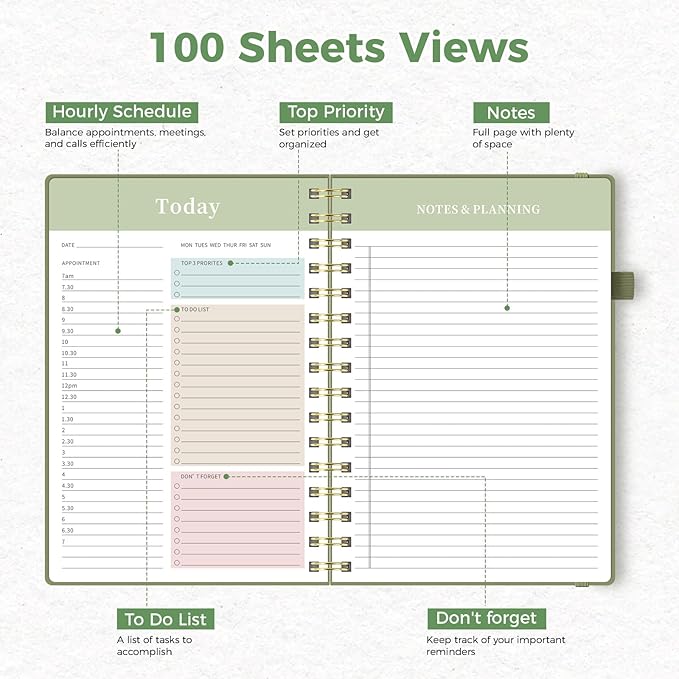 Oucaru Undated Daily Planner, 8.5"x11", A4 Size Spiral Notebook with Hourly Schedule, To Do List, Priorities, and Notes for Productivity - Easily Organize Your Tasks, Appointments & Goals for Women