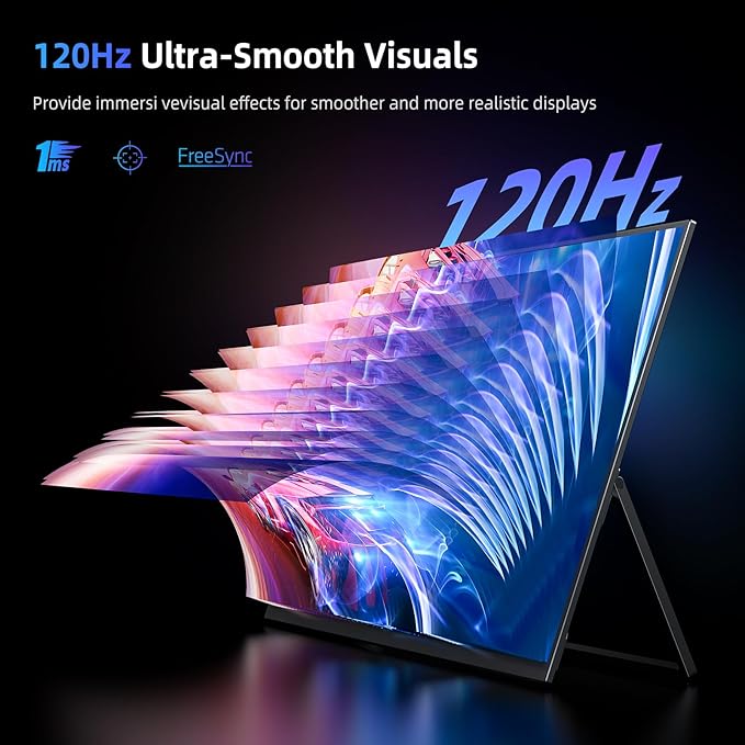 Portable Monitor 18.5” | 120HZ 1ms Gaming Monitor | 125% sRGB | FreeSync, HDR | 350Nits | USB-C & MINI HDMI | VESA & Stand | Large Travel External Second Screen for Laptop, Computer, Game Consoles