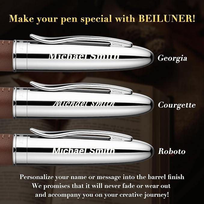 BEILUNER 318 Luxury Personalized Leather Pen, Hand-Stitched Premium Leather, Chrome-Plated Finish, Smooth Black Refill, Fancy Rollerball Gift Set for Men & Women, Executive Writing, Nice Designer pen