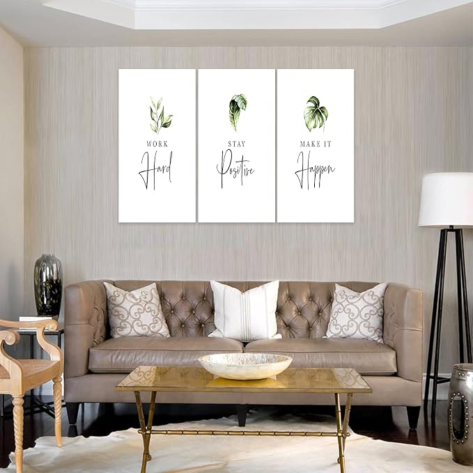 3 Piece Inspirational Wall Art, White Plants Sayings Picture, Quotes Work Stay Make it Canvas Prints for Office Decor, Triptych Entrepreneur Framed Artwork for Women Men Home Wall Decor (72" Wx36 H)