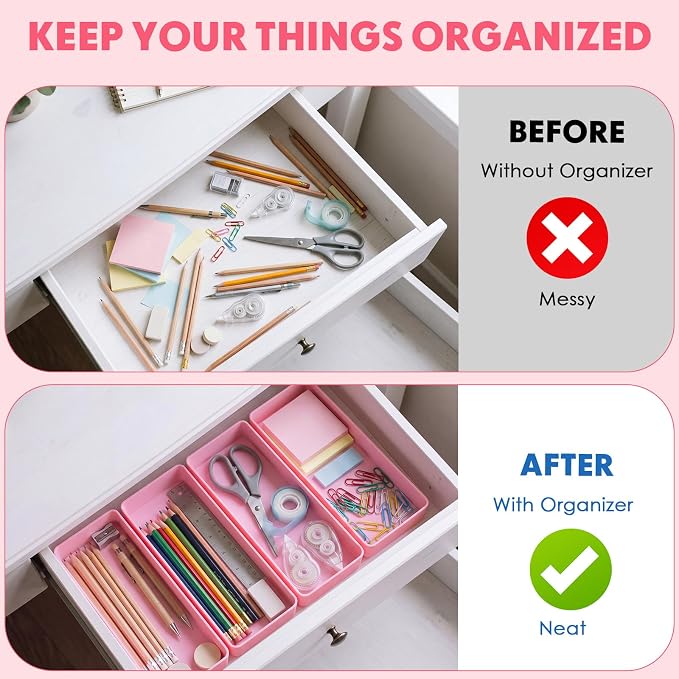 Teling 12 Pcs Pink Large Rectangular Desk Organizer Set Half Accessory Tray Plastic Tabletop Organizer for Office Home or Study Dimensions: 9.45 x 2.95 x 1.38 Inches