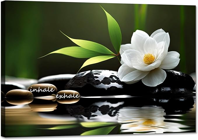 YIOZHAOFH Lotus Flower Wall Art Zen Canvas Inhale Exhale Poster Black Spas Nature Prints Pictures for Meditation Wall Decor Framed Artwork Ready to Hang (24.00" x 36.00")