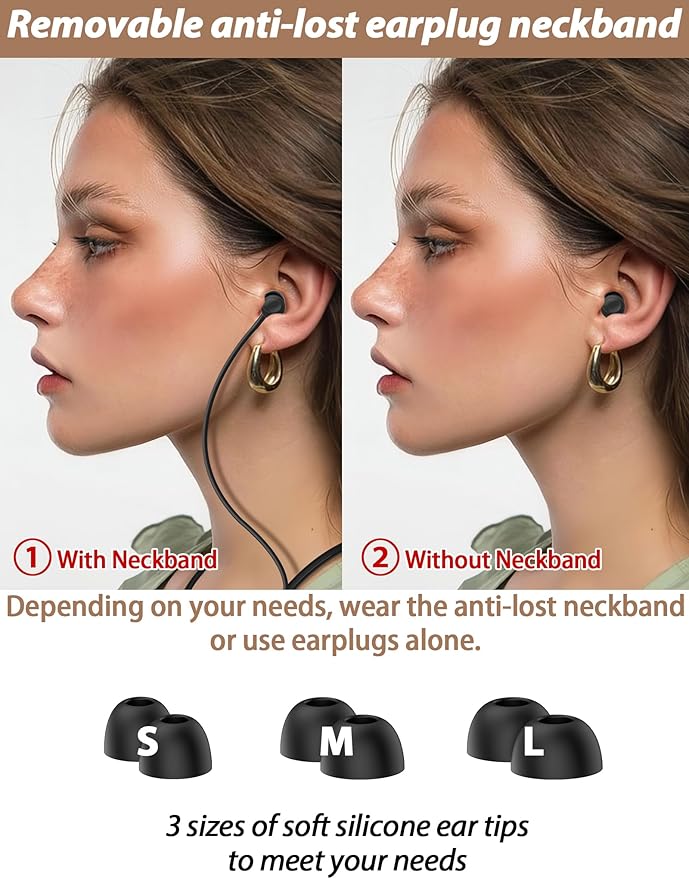 HALLEAST Earplugs for Concert, Noise Reduction, Hearing Protection, with Removable Ear Plug Lanyard, Safety Connector Cord Strap Neckband – SNR 26dB, NRR 14dB, Black Plug + LightBlue Tip