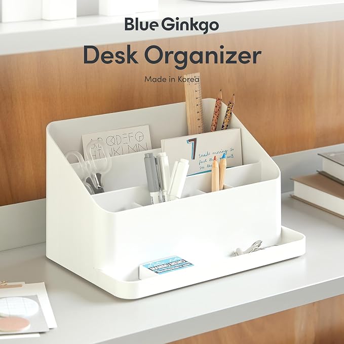 BLUE GINKGO Desk Organizer, Office Supplies, White, Made in Korea | Multi-Compartment. Adjustable. Everyday Storage.