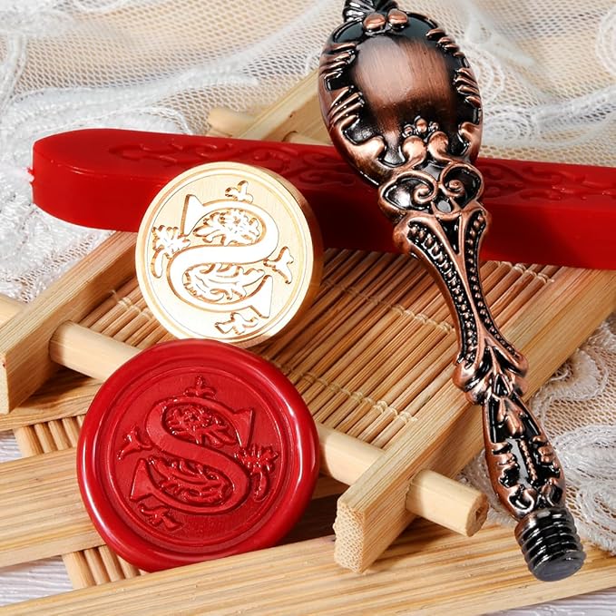 Wax Seal Stamp kit, Envelope Wax Seals DIY Kit - Retro Sealing Wax Candle + Classic Initial Alphabet Seal Wax Seal Stamp Letter S - in Blue Gift Box