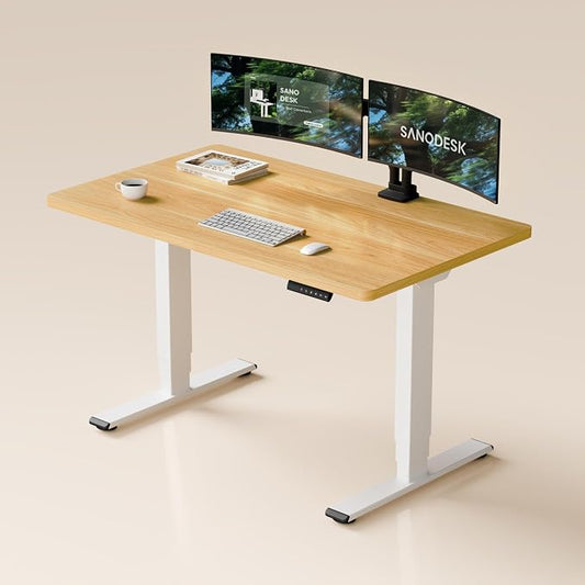 SANODESK Dual Motor Standing Desk 220lbs Height Adjustable Desk | 48"x30" Spacious One-Piece Maple Desktop & White Frame, 4 Memory Presets, 3-Stage Legs, 220lbs, 2-Box for Home & Office