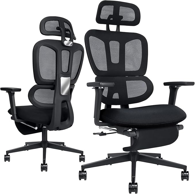 Ergonomic Office Chair with Retractable Footrest, Black | High Back Design, Dynamic Lumbar Support, 2D Headrest & 4D Armrests, Breathable Mesh Back for Home Office