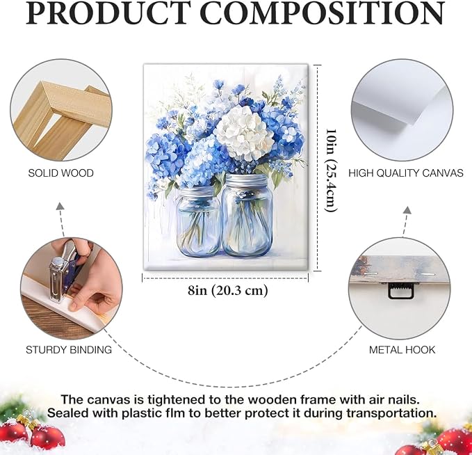 Vintage Floral Framed Wall Art Decor Light Blue Flowers Canvas Print Poster Abstract Flowers Bouquet in Vase Pictures Painting for Home Bathroom Bedroom Wall Decor 8x10 Inches