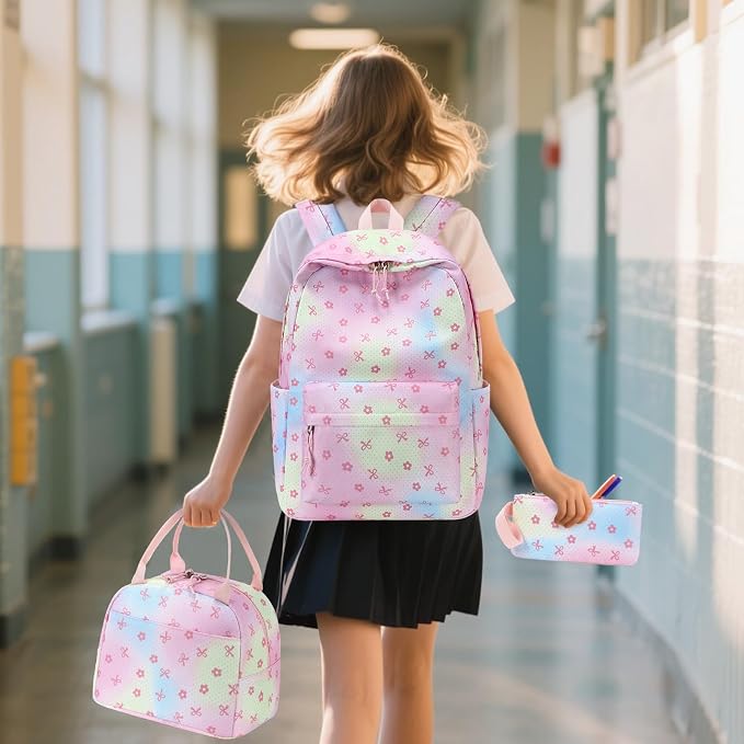 Bluboon Teen Girls School Backpack Kids Bookbag Set with Lunch Box Pencil Case Travel Laptop Backpack Casual Daypacks (Rainbow pink polka dots)