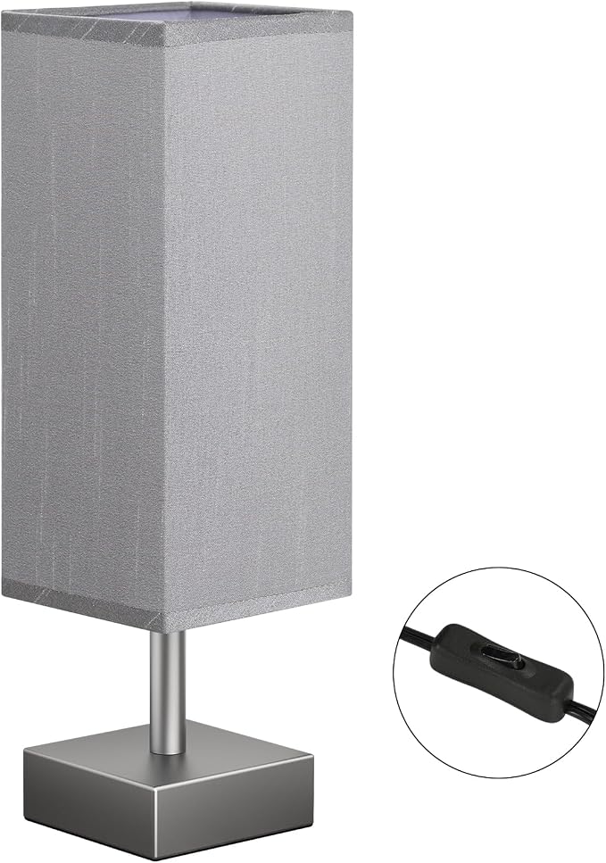 aooshine Grey Table Lamp - Bedside Lamp for Bedroom, Minimalist Nightstand Lamp with Square Fabric Shade, Desk Lamp for Kids Room Dorm